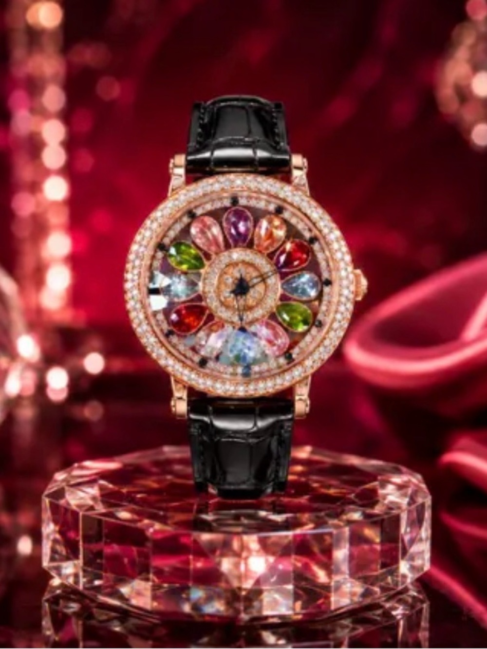 Luxury Multicolor Gemstone Dial Women's Watch with Black Leather Strap
